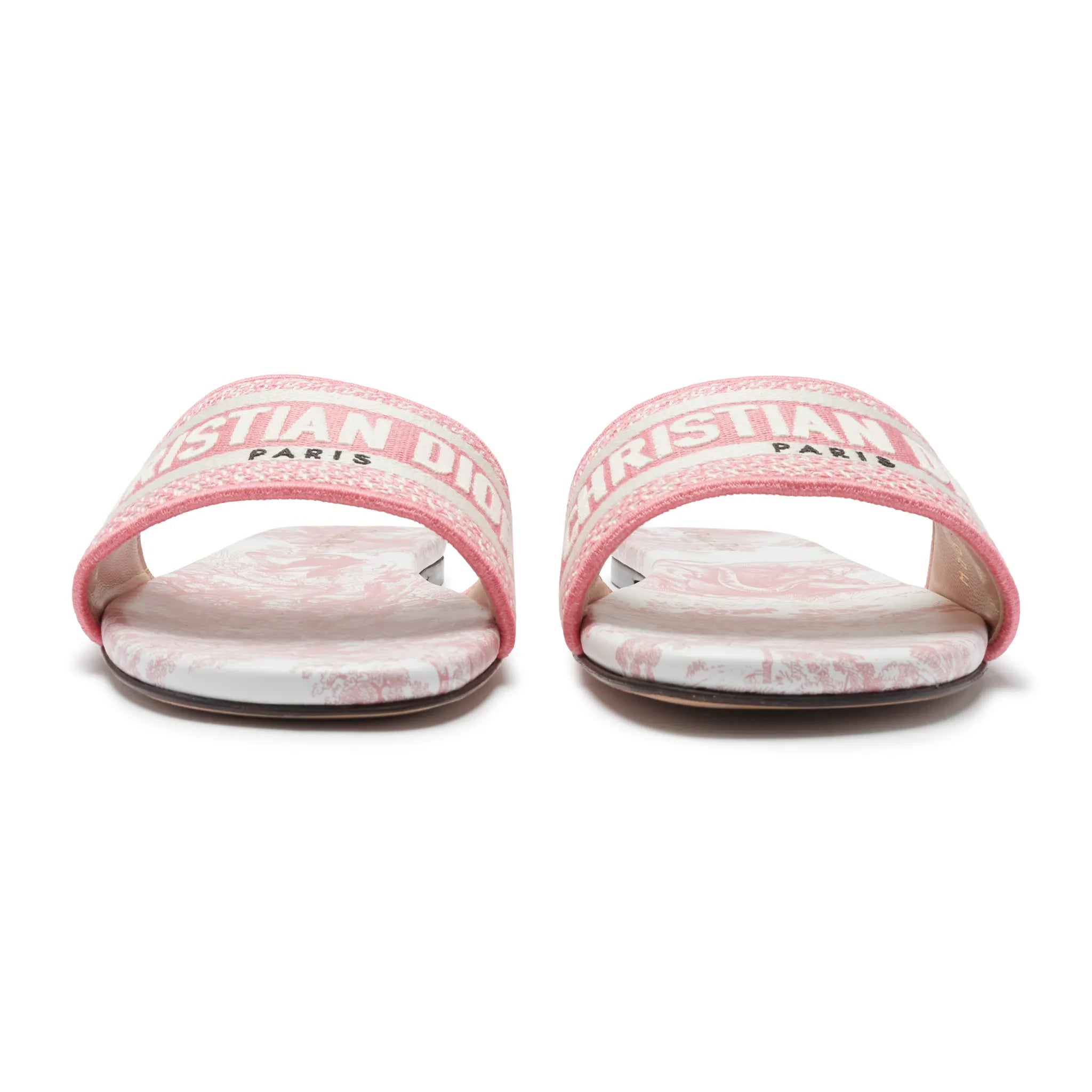 Front View of Dior Dway Embroidered Cotton Candy Pink Slides